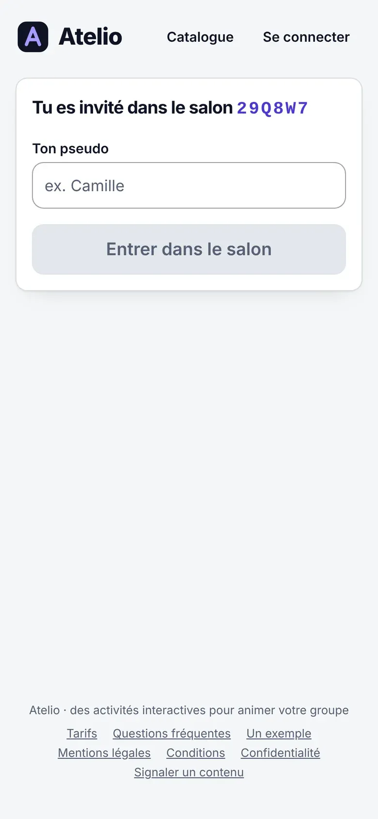 Téléphone : rejoindre le salon avec un pseudo (capture, données de démonstration).