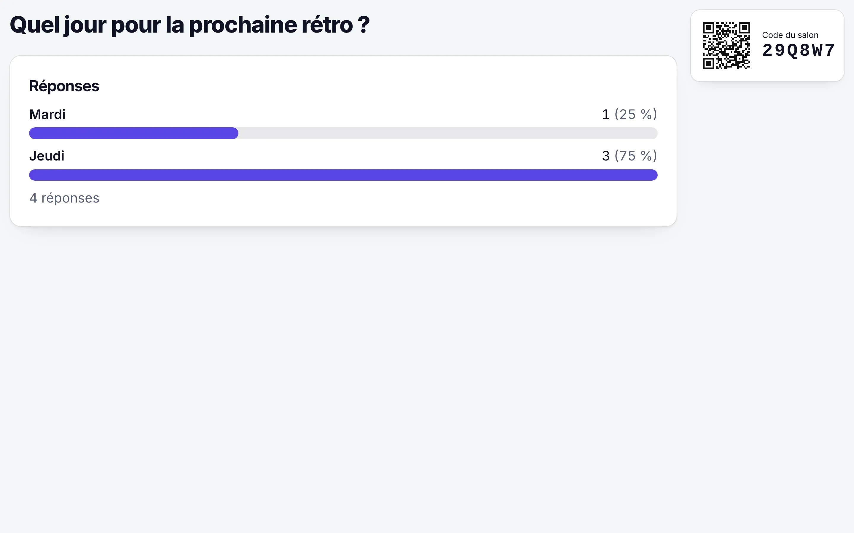 Écran projeté : résultats en direct (capture, données de démonstration).