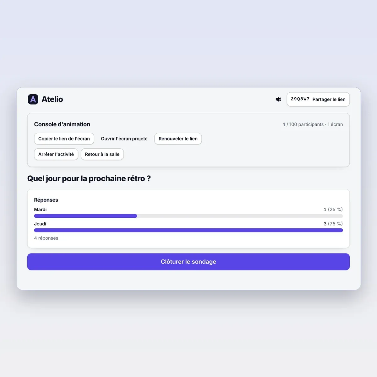 Console d’animation en cours d’activité (capture, données de démonstration).