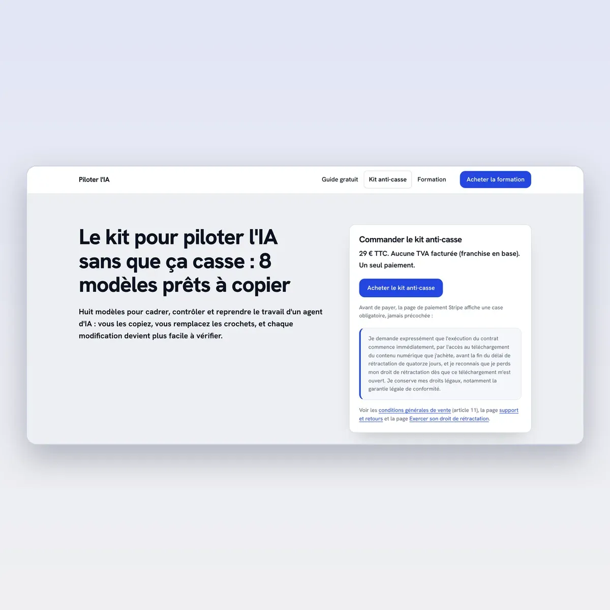 Page du kit avec encadré de commande (capture des pages publiques).