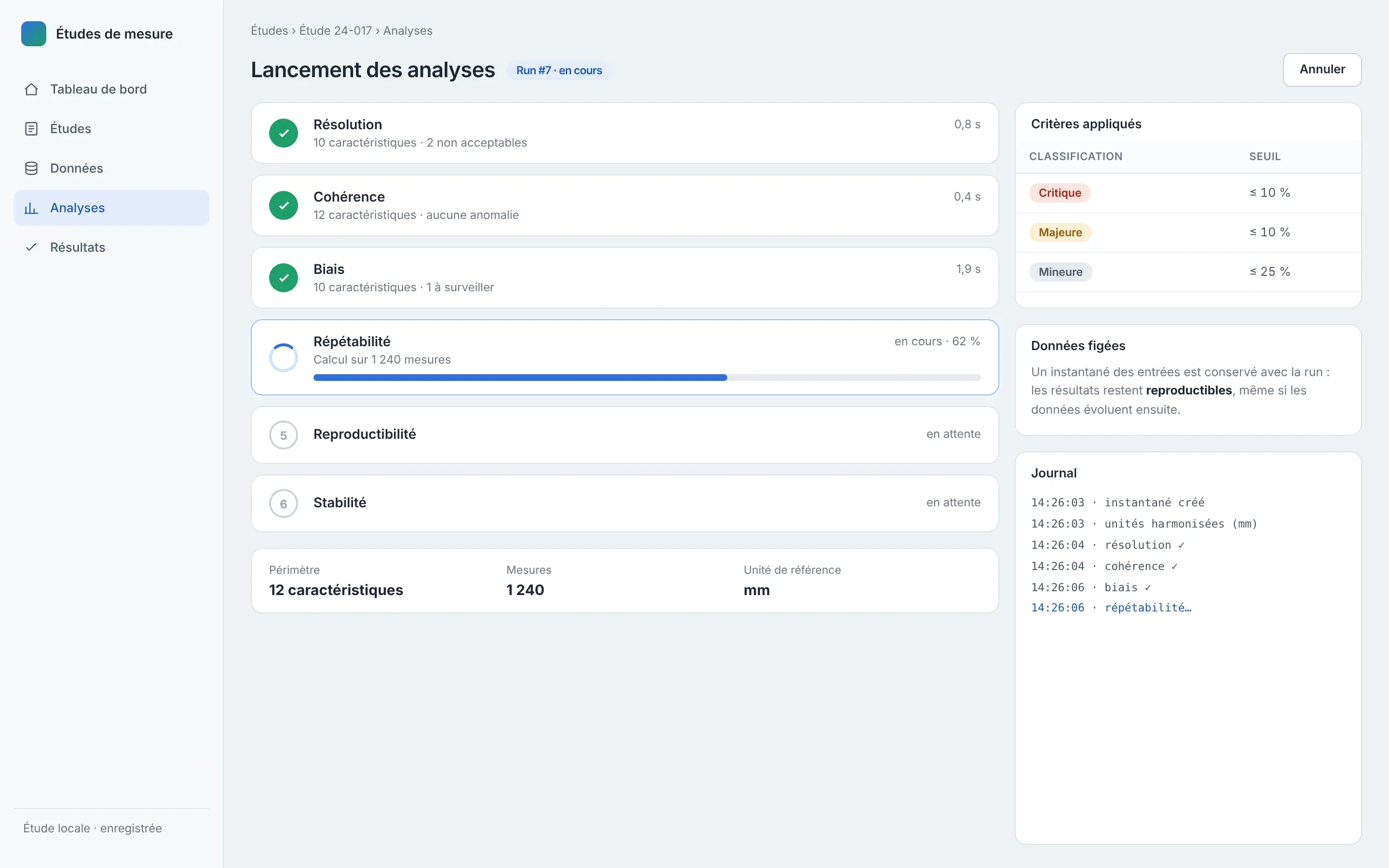 Exécution des modules d’analyse avec progression.